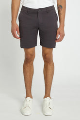 Dark gray solid stretch knit chino shorts with classic fit and button closure for comfortable casual wear