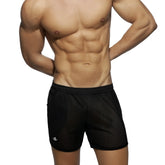 Black mesh athletic shorts with a solid waistband and logo on the lower left leg pocket long mesh rocky style