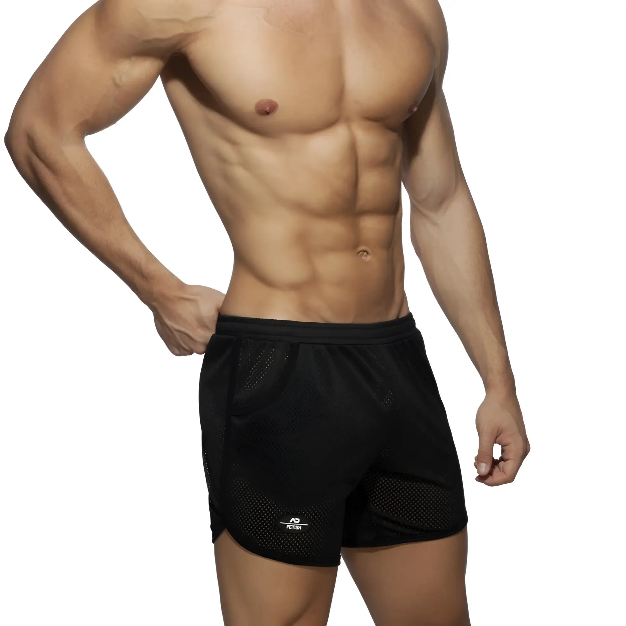 Black pocket long mesh rocky athletic shorts with a subtle logo on the lower left leg made of breathable mesh
