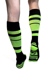 Pocket socks neon green and black striped athletic knee-high socks with a bold sporty design for active wear