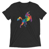 Black short-sleeved t-shirt featuring a vibrant geometrically stylized polygon unicorn in rainbow hues