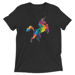 Black short-sleeved t-shirt featuring a vibrant geometrically stylized polygon unicorn in rainbow hues