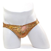 MetroMaleWear posingwear hologram gold briefs with shiny gold holographic pattern and iridescent textured finish