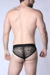 Black lace positano bikini brief with sheer floral pattern and elastic waistband for comfortable fit