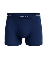 Navy blue pov flyfront cotton boxer showing the front view with fly opening for comfortable wear