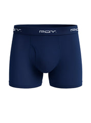 Navy blue pov flyfront cotton boxer showing the front view with fly opening for comfortable wear