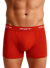 Red POV flyfront cotton boxer showing front design with comfortable fly and breathable fabric