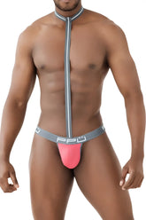 Ppu 2302 harness thongs coral men’s bodycon brief with pink and gray fabric and central zipper design
