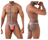 Pink and gray pfd branded men’s coral harness thong with central front zipper for activewear and swim use