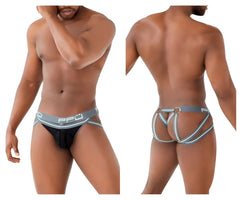 Ppu 2305 mesh jockstrap in gray with black and gray briefs featuring mesh front panel elastic waistband and supportive straps