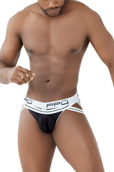 Black mesh briefs with white elastic waistband featuring ppu logo from ppu 2305 mesh jockstrap color white collection
