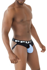 Ppu 2307 ball lifter jockstrap in black and light blue with distinctive cutout design for enhanced support