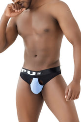 Black and light blue pu branded ball lifter jockstrap with cutout design color blue model ppu 2307