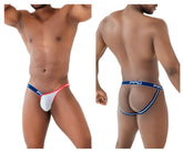 White and red thong with blue elastic waistband and ppu branding mesh jockstrap front in blue color