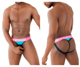 Bright pink and turquoise blue ppu 2310 ball lifter and thong jockstrap with black trim and bold spu logo waistband