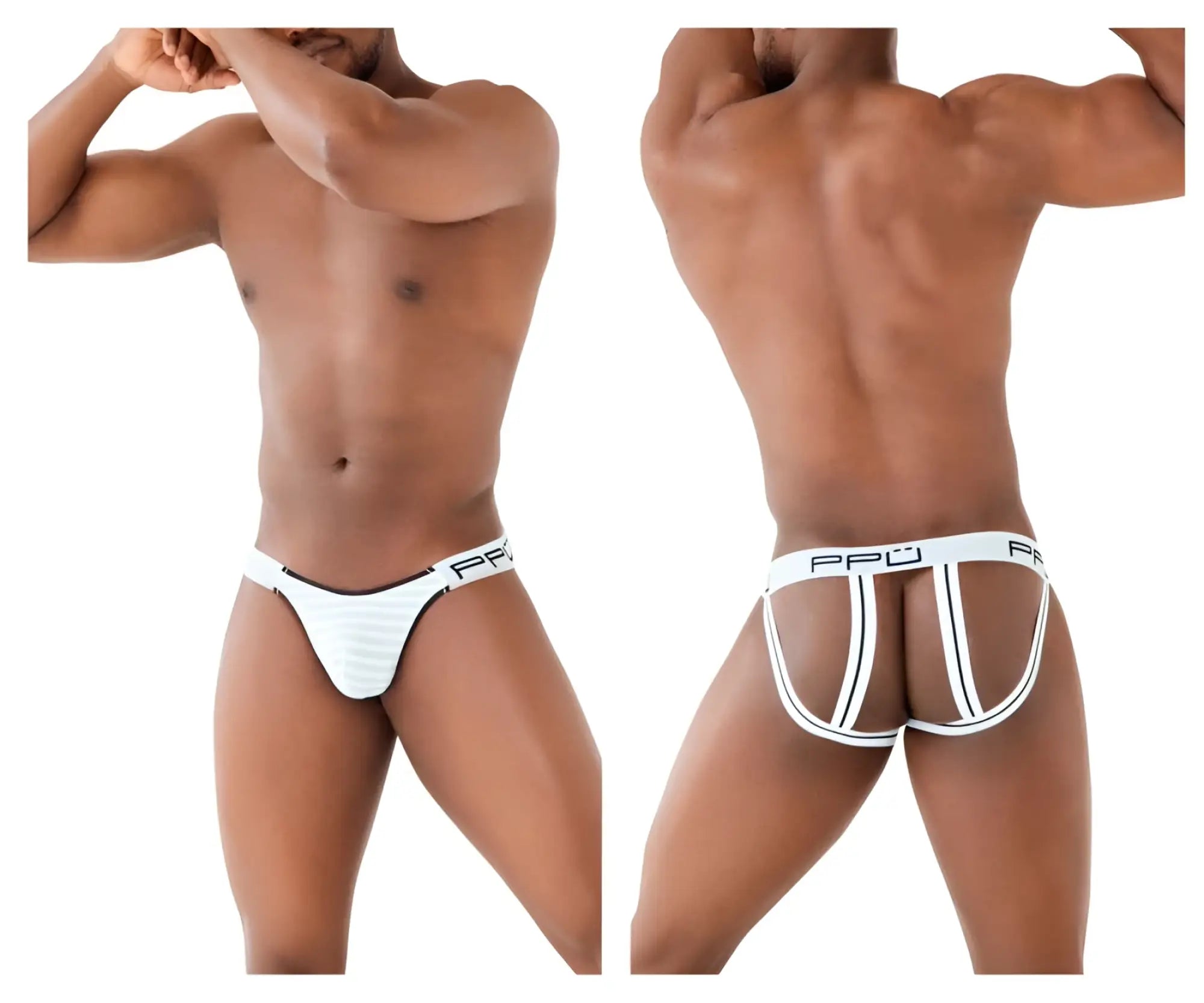 White ppj microfiber jockstrap briefs with black trim and supportive side straps for comfortable wear
