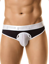 Black and white ppu brute jock strap underwear with a transparent front panel and ppi logo waistband size l
