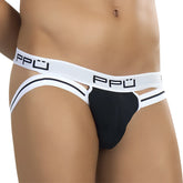 Ppu cut out stripe jock strap underwear in white and black with cut-out design size m showing back side