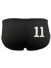 Back side of black pride 11 swim brief with bold white number 11 embroidered for athletic use