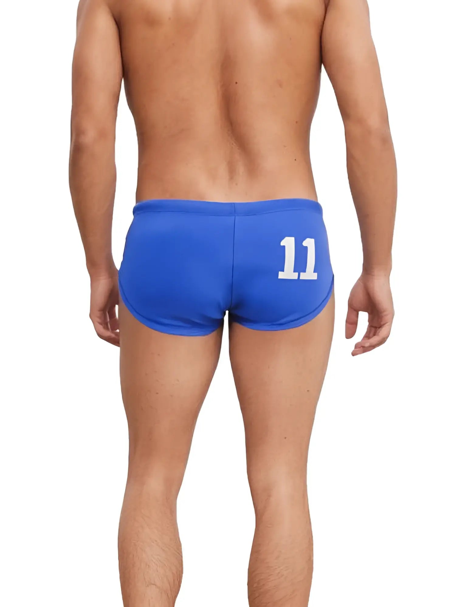 Back view of pride 11 swim brief blue athletic swim trunks with white number 11 for swimming and sports activities