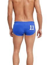 Back view of pride 11 swim brief blue athletic swim trunks with white number 11 for swimming and sports activities