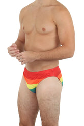 Pride bikini rainbow-striped swim trunks featuring vibrant red orange yellow green blue and purple hues