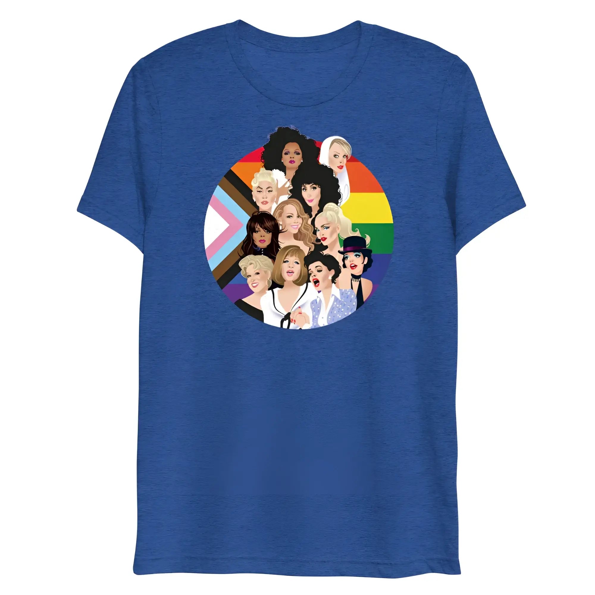 Blue heathered t-shirt with circular graphic of diverse drag queens on rainbow pride flag for pride divas
