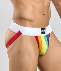 Rainbow-striped pride flag colors jockstrap with white waistband red side strap and mob underwear logo