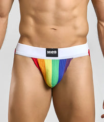 Rainbow-striped pride flag colors jockstrap with white elastic waistband featuring mob brand logo for men