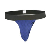 Pride mesh sock blue mesh thong with black elastic waistband showing front view
