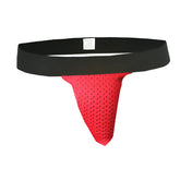 Red mesh athletic supporter with black elastic waistband designed for support and breathability in pride mesh sock