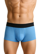 Light blue perforated mesh pride mesh trunk boxer briefs with solid black waistband front view