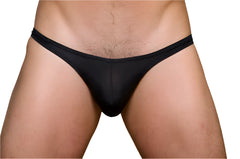 Pride metro thong with plus pouch in black sheer mesh with solid black waistband showing the front side
