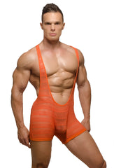 Bright orange Pride sheer mesh archery wrestler leotard singlet with plunging neckline and wide shoulder straps