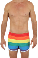 Pride swim short rainbow-striped swim trunks with vibrant horizontal red orange yellow green blue purple bands