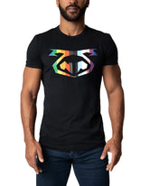 Black short-sleeved cotton pride tee 2.0 with a bold geometric logo featuring rainbow-colored stripes