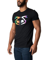 Black short-sleeved pride tee 2.0 with bold geometric logo and rainbow-colored accents on front side