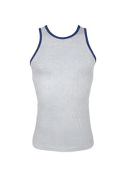 Gray ribbed cotton tank top with navy blue trim around neckline and armholes from Pride USA collection
