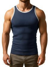 Navy blue ribbed cotton tank top with gray trim from pride usa featuring breathable fabric for casual wear