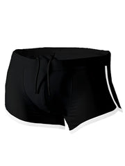 Pride Vince trunk black swim trunks with white side stripes and a drawstring waistband for comfortable wear