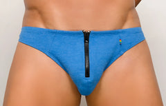 Blue heathered fabric pride zip it thong briefs with black zipper down center front for a stylish fit