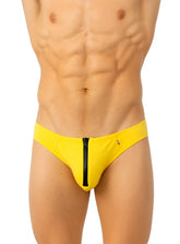 Bright yellow pride zip it thong swim trunks with black center zipper for bold beachwear