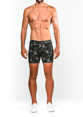 Black and gray camouflage printed stretch knit denim shorts with a comfortable fit for casual wear