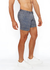 Printed stretch knit short blue and white patterned swim trunks with geometric design for swimming and beachwear