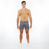 Printed stretch knit short men’s navy blue boxer shorts with white circular geometric pattern and comfortable fit
