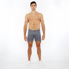 Printed stretch knit short men’s navy blue boxer shorts with white circular geometric pattern and comfortable fit