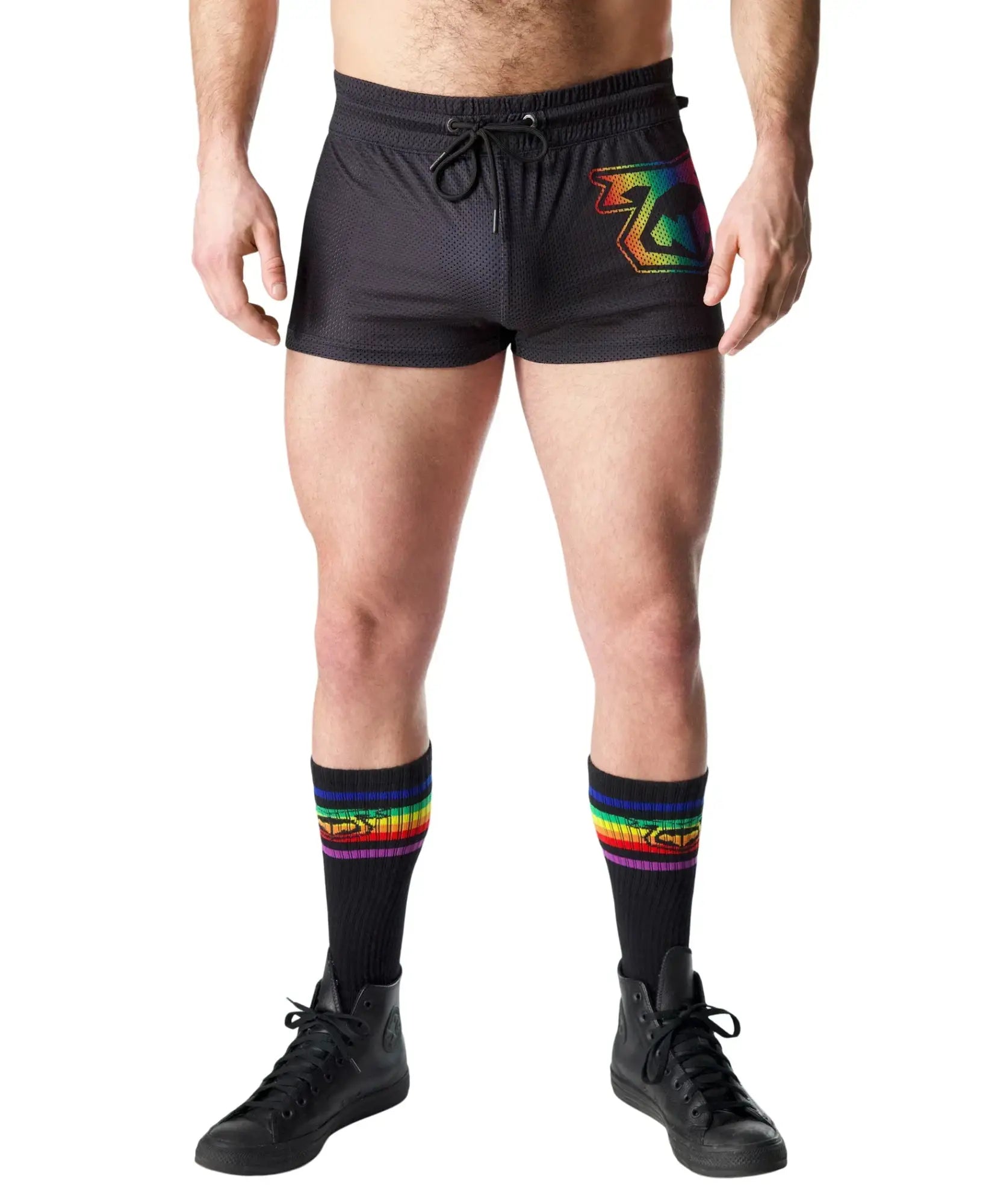 Black mesh prism pride trunk short with rainbow-colored logo on left leg for athletic use