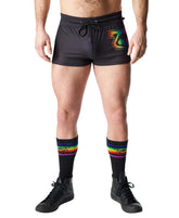 Black mesh prism pride trunk short with rainbow-colored logo on left leg for athletic use