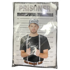 A prisoner dress-up kit featuring a printed mugshot costume with black t-shirt striped prison hat and silver suspenders
