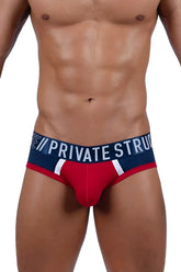 Red falcon athlete mini briefs by private structure in red and navy blue with white stripes and branded waistband